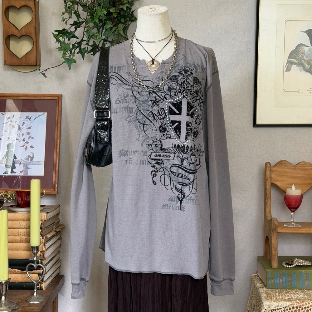 Grey Studded Shield Graphic Thermal Top Grunge Y2K XXL Oversized Baggy Bling